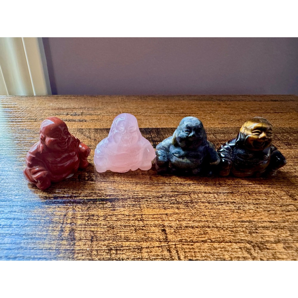 Natural Crystal Laughing Buddha Statues Rose Quartz Tiger Eye Jasper Labradorite